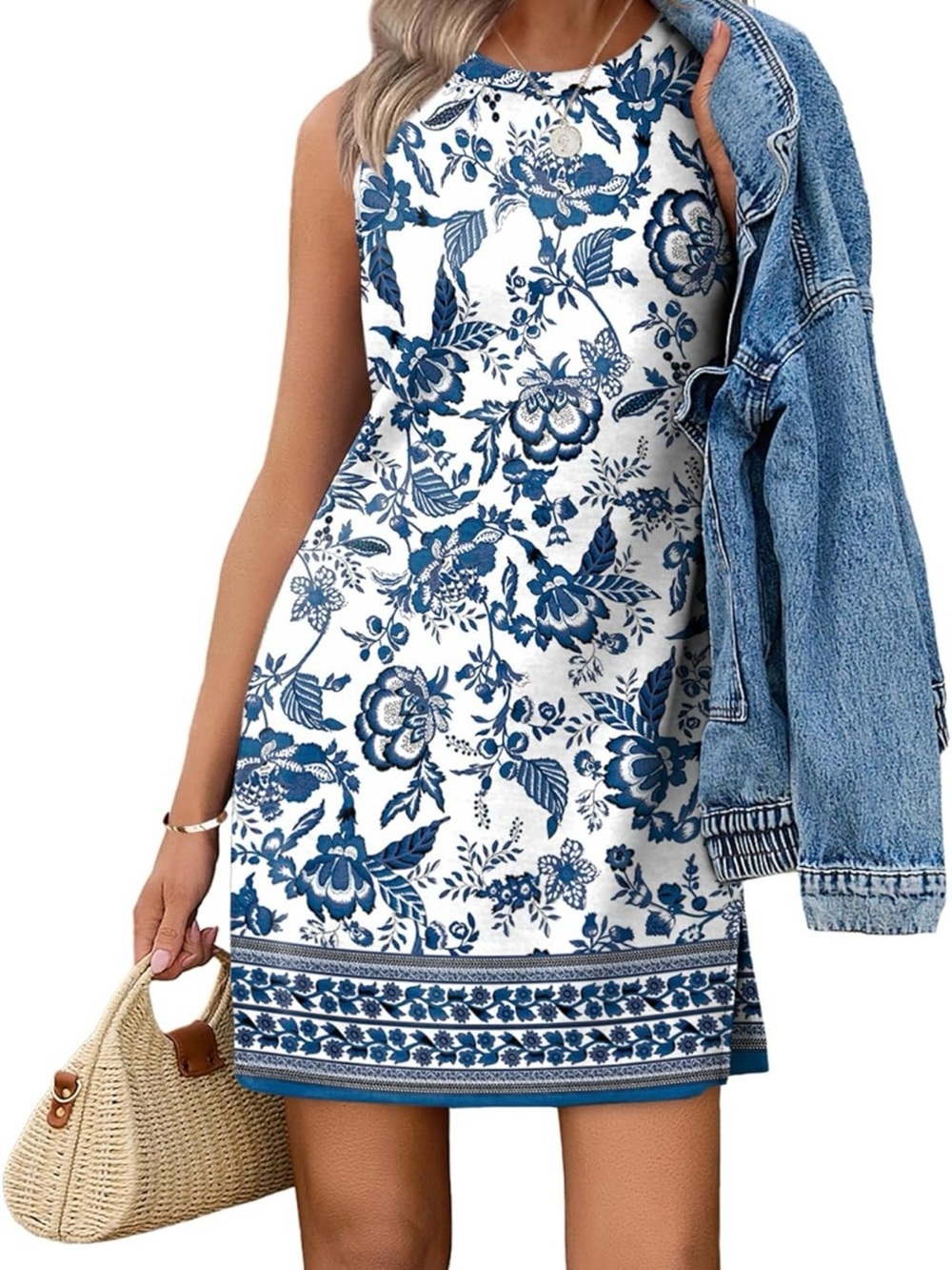 Casual Sleeveless Tank Dress Blue White Floral